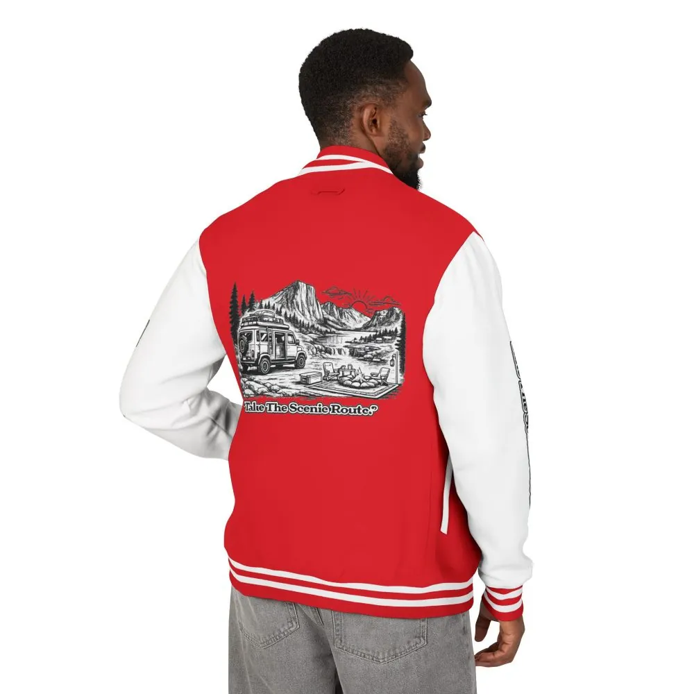 Unisex Heavyweight Letterman Jacket — "Take The Scenic Route" Travel Varsity Coat