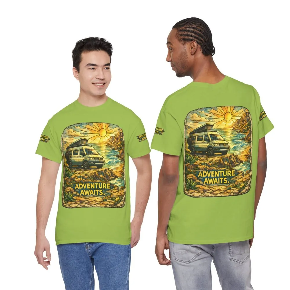 Unisex Heavy Cotton Tee — "Adventure Awaits" Design Cubic-Line