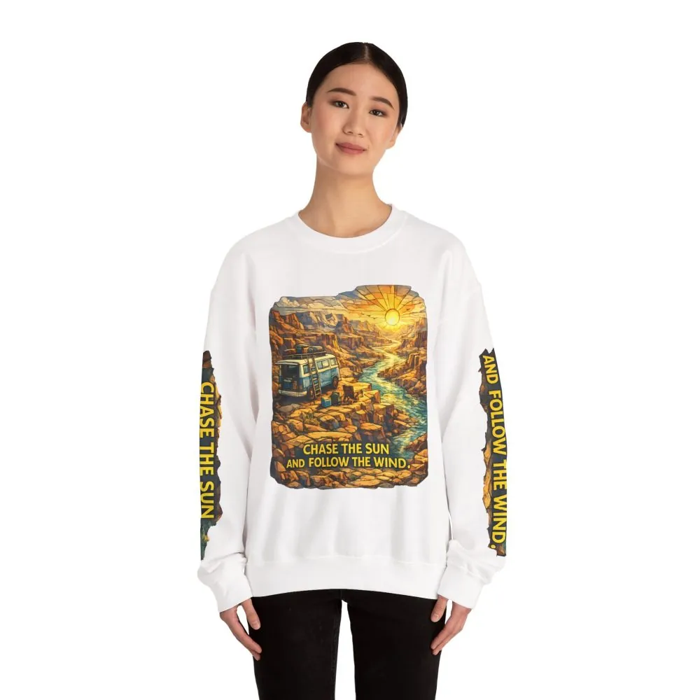 Unisex Heavy Blend™ Crewneck Sweatshirt — "Chase The Sun And Follow The Wind" Design Cubic-Line