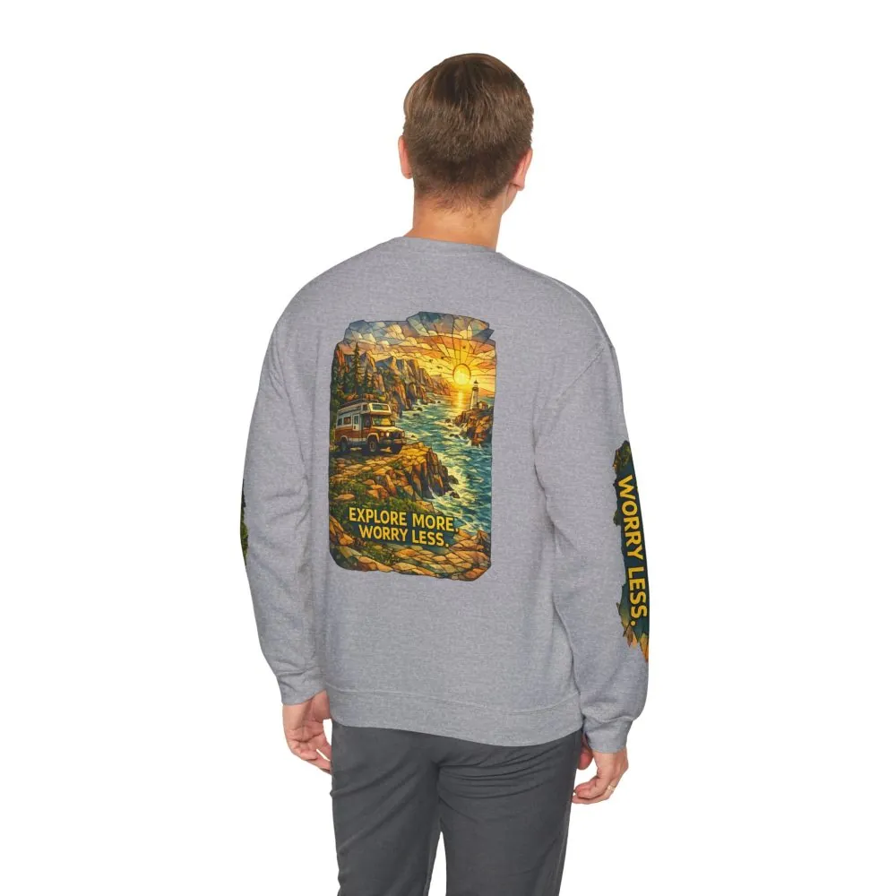 Unisex Heavy Blend™ Crewneck Sweatshirt — "Explore More Worry Less" Design Cubic-Line
