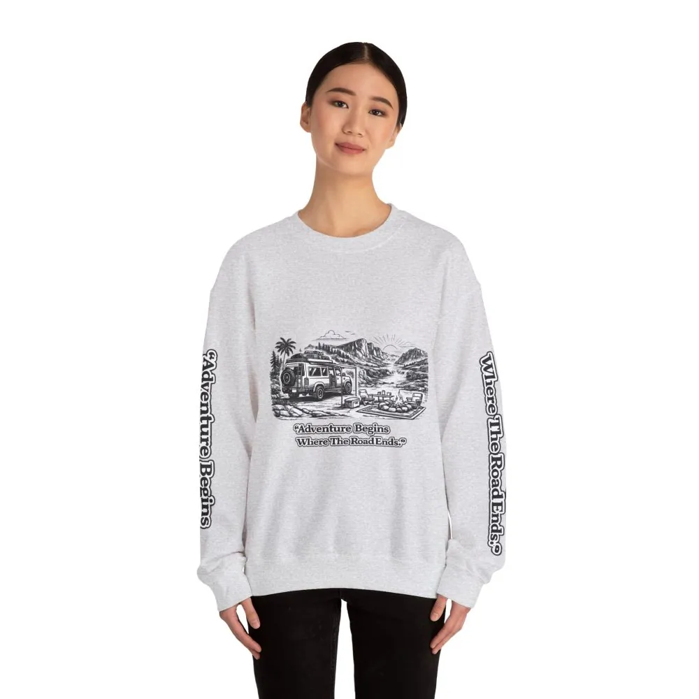 Unisex Heavy Blend™ Crewneck Sweatshirt — "Adventure Begins Where The Road Ends" Design Minimal-Line