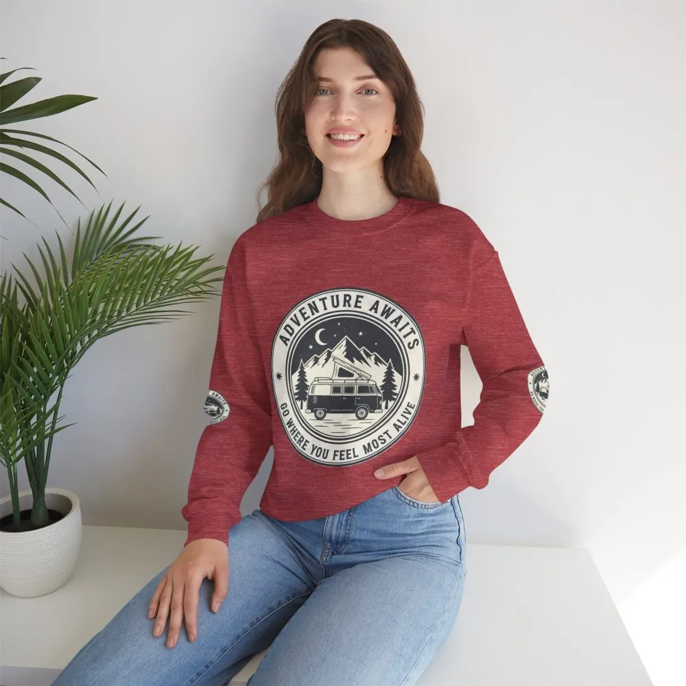 Crewneck Sweatshirt — "Adventure Awaits-Go Where You Feel Most Alive" (Font + Back + Sleaves printed) Vintage Camper Van Outdoor Graphic