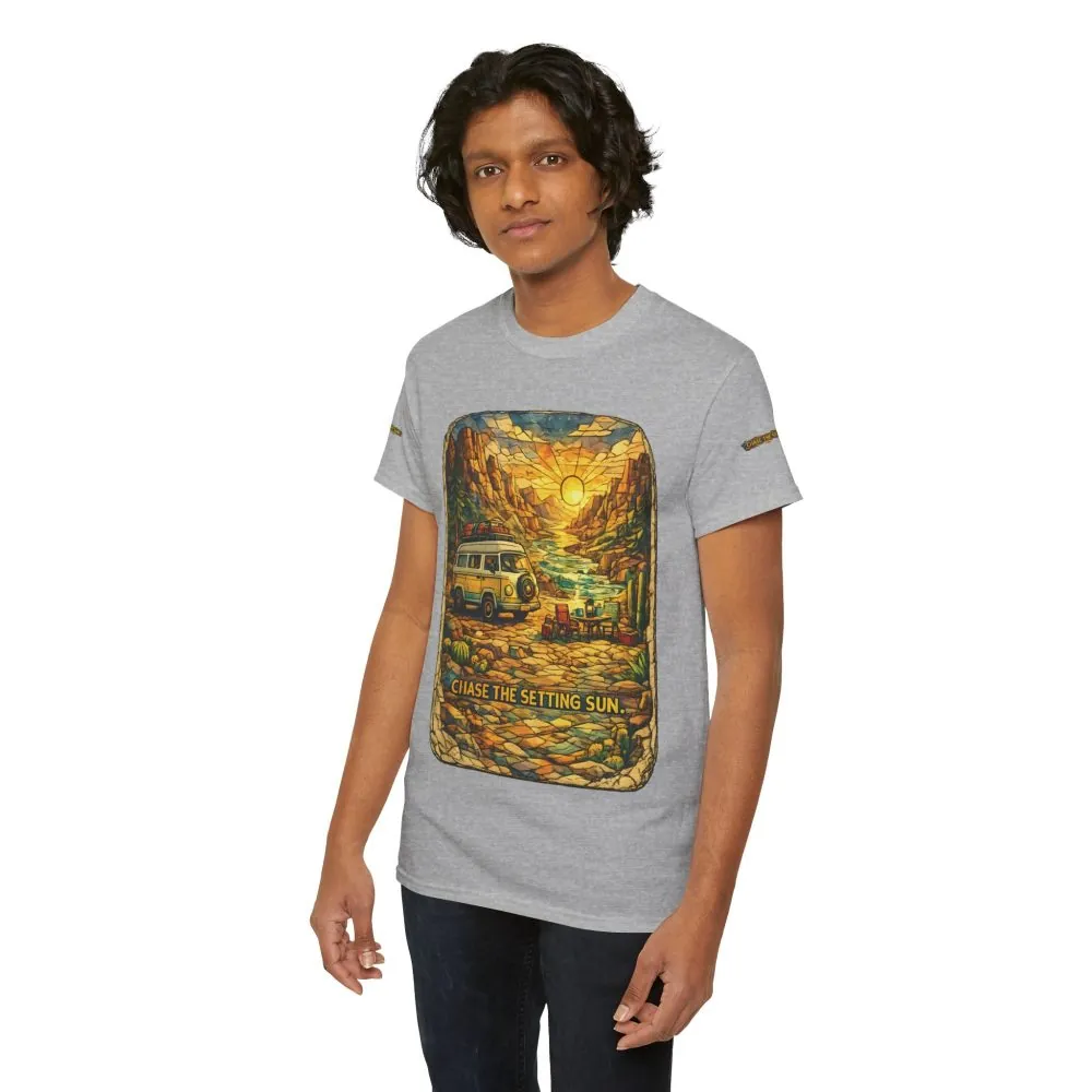Unisex Heavy Cotton Tee — "Chase The Settings Sun" Design Cubic-Line