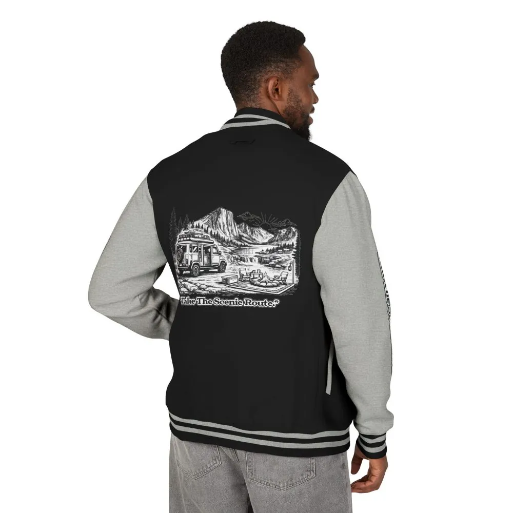 Unisex Heavyweight Letterman Jacket — "Take The Scenic Route" Travel Varsity Coat