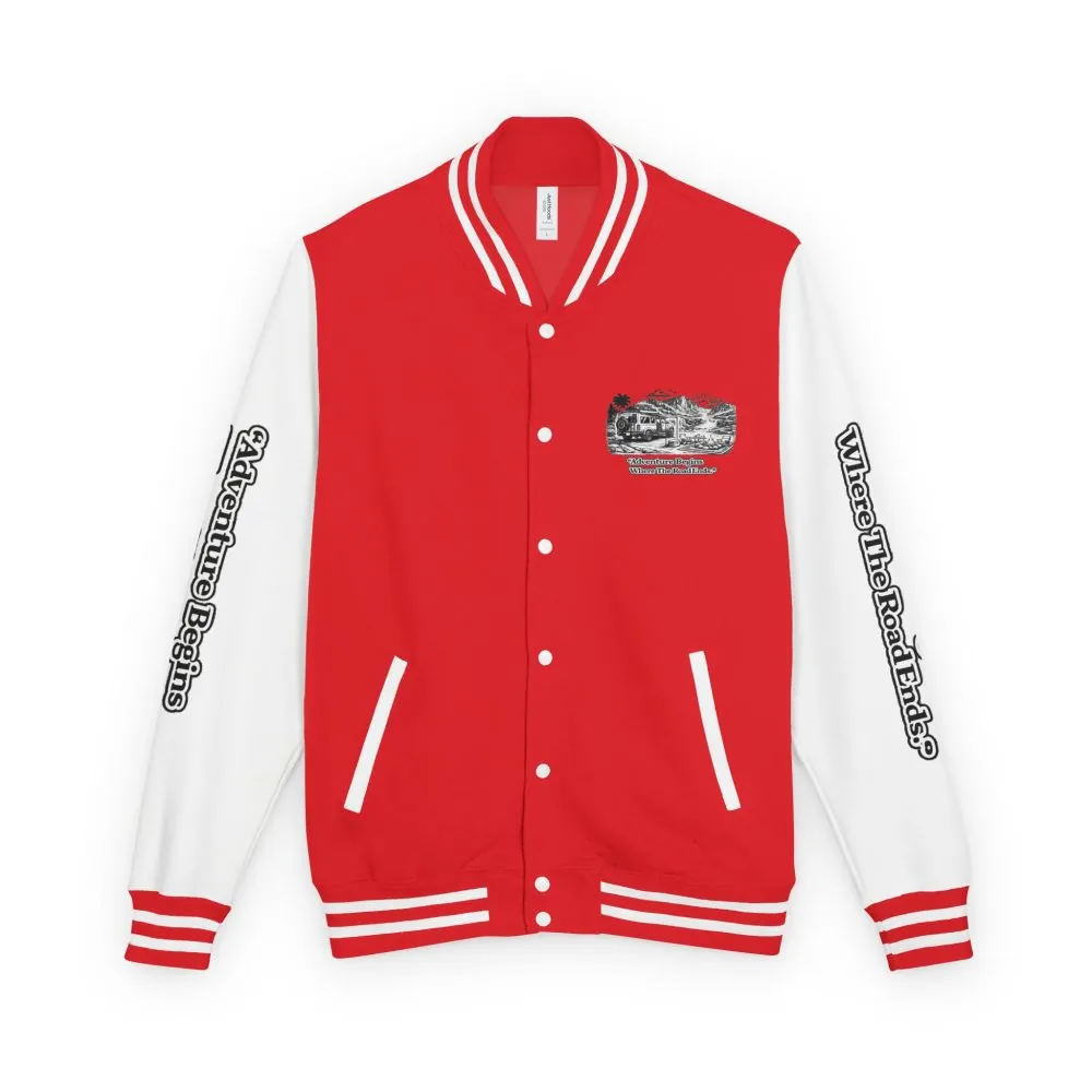 Unisex Heavyweight Letterman Jacket — "Adventure Begins Where The Road Ends" Travel Varsity Coat