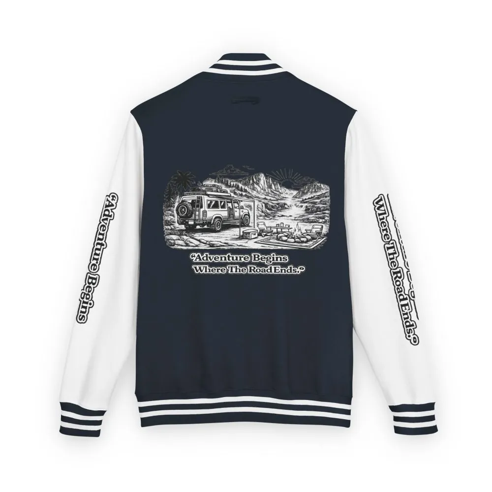 Unisex Heavyweight Letterman Jacket — "Adventure Begins Where The Road Ends" Travel Varsity Coat