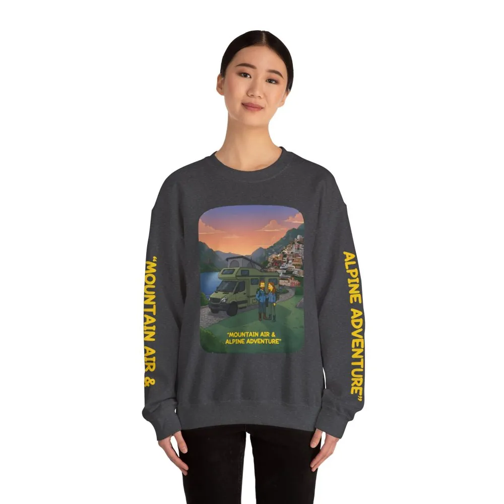 Unisex Heavy Blend™ Crewneck Sweatshirt — "Mountain Air And Alpine Adventure"" Design Sitcom-Line