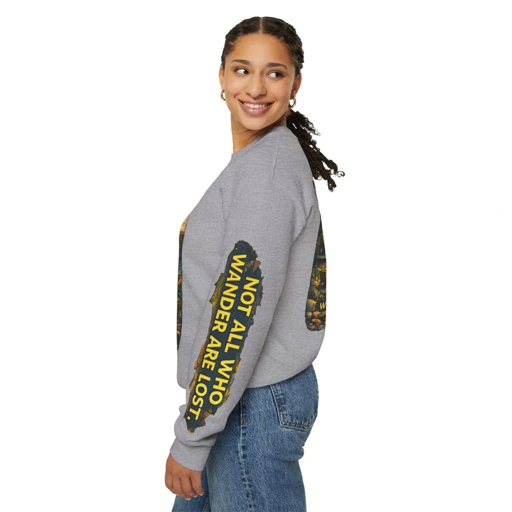 Unisex Heavy Blend™ Crewneck Sweatshirt — "Not All Who Wander Are Lost" Design Cubic-Line