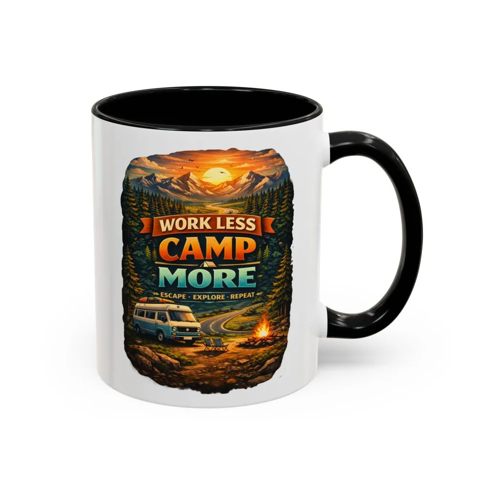 Accent Coffee Mug (11, 15oz) — "Work Less-Camp More" Design Scenic-Line