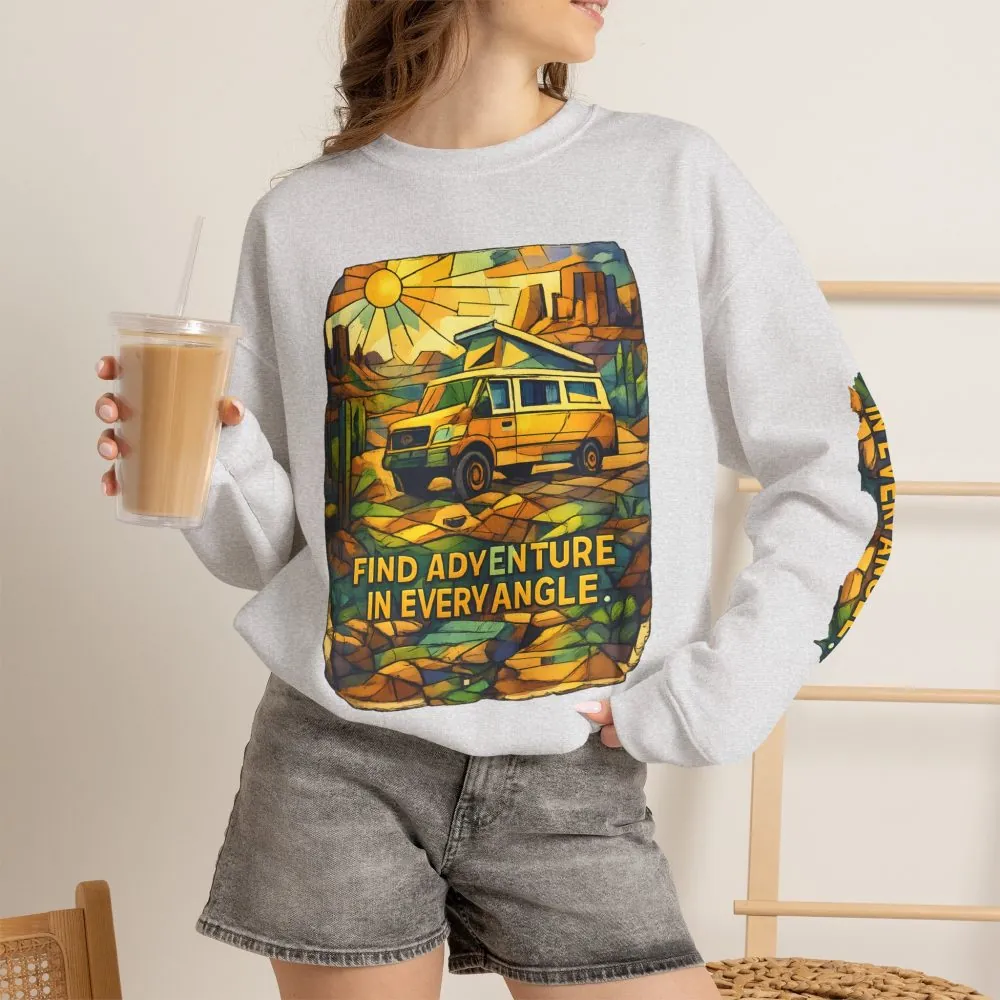 Unisex Heavy Blend™ Crewneck Sweatshirt — "Find Adventure In Every Corner" Design Cubic-Line