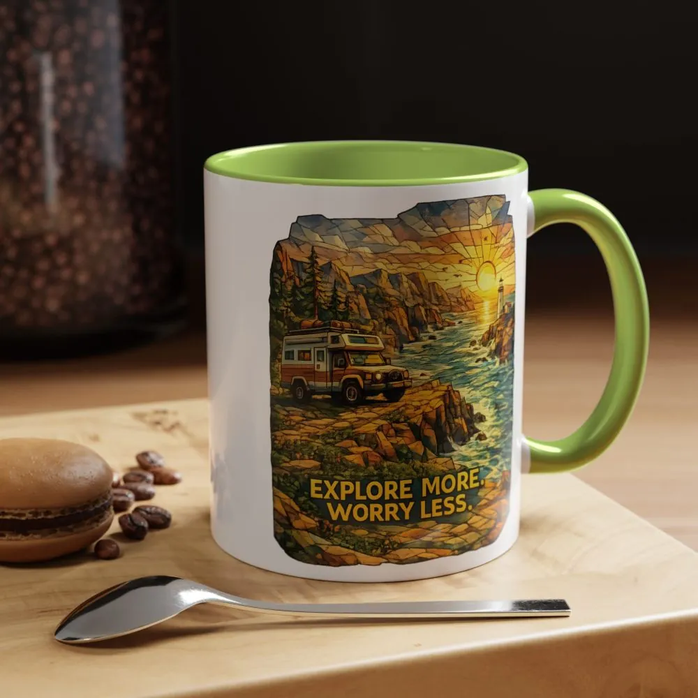 Accent Coffee Mug (11, 15oz) — "Explore More Worry Less" Design Cubic-Line