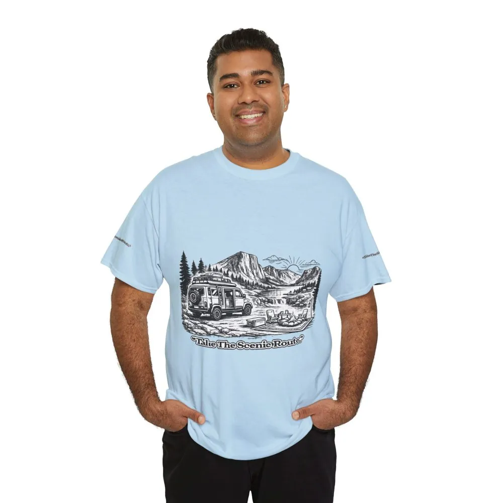 Unisex Heavy Cotton Tee — "Take The Scenic Route" Design Minimal-Line