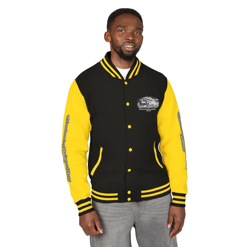 Unisex Heavyweight Letterman Jacket — "Adventure Awaits Around Every Corner" Travel Varsity Coat