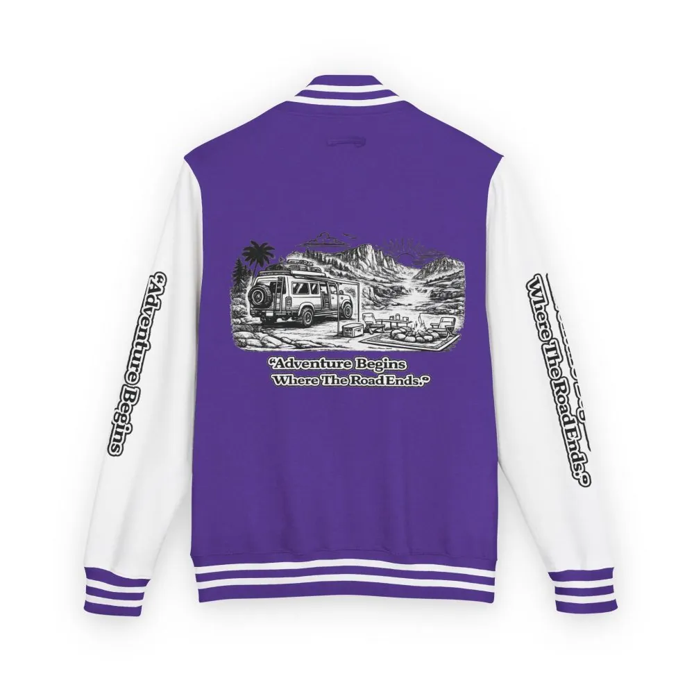 Unisex Heavyweight Letterman Jacket — "Adventure Begins Where The Road Ends" Travel Varsity Coat