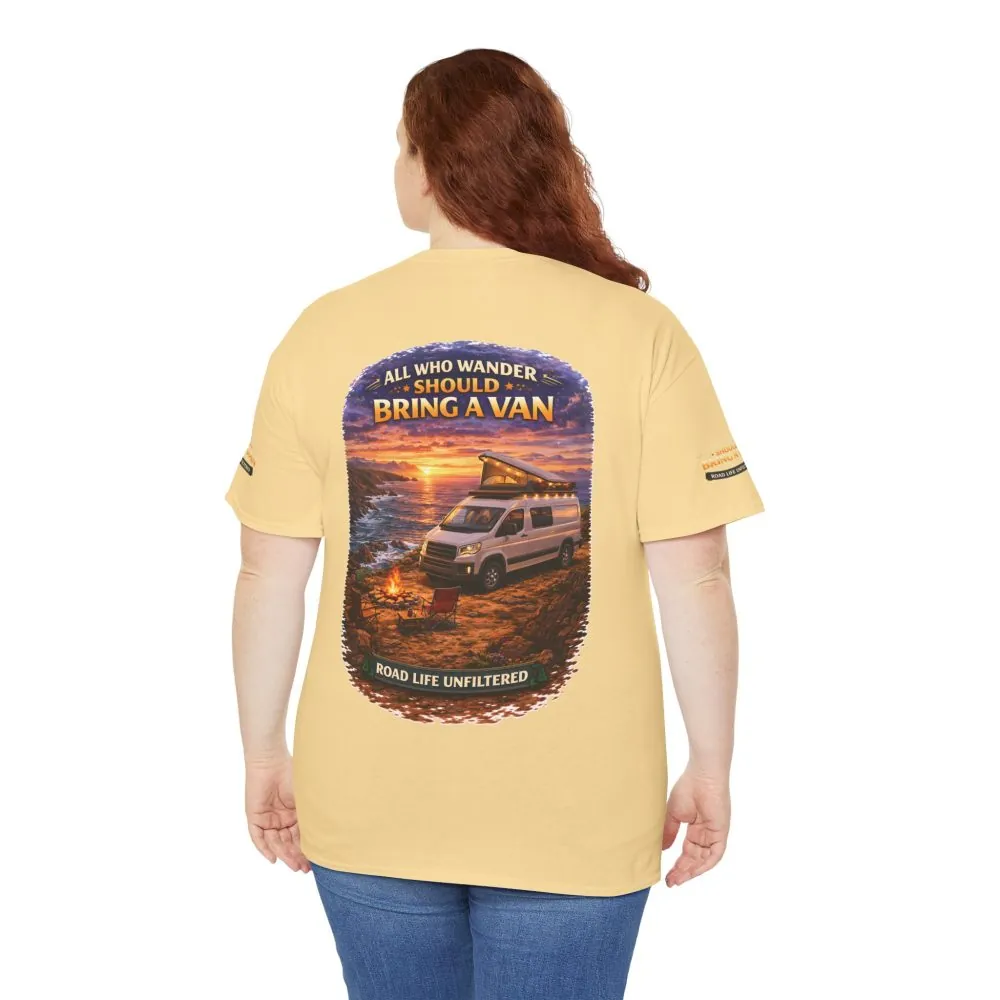 Unisex Heavy Cotton Tee — "All Who wander Should Bring A Van" Design Scenic-Line