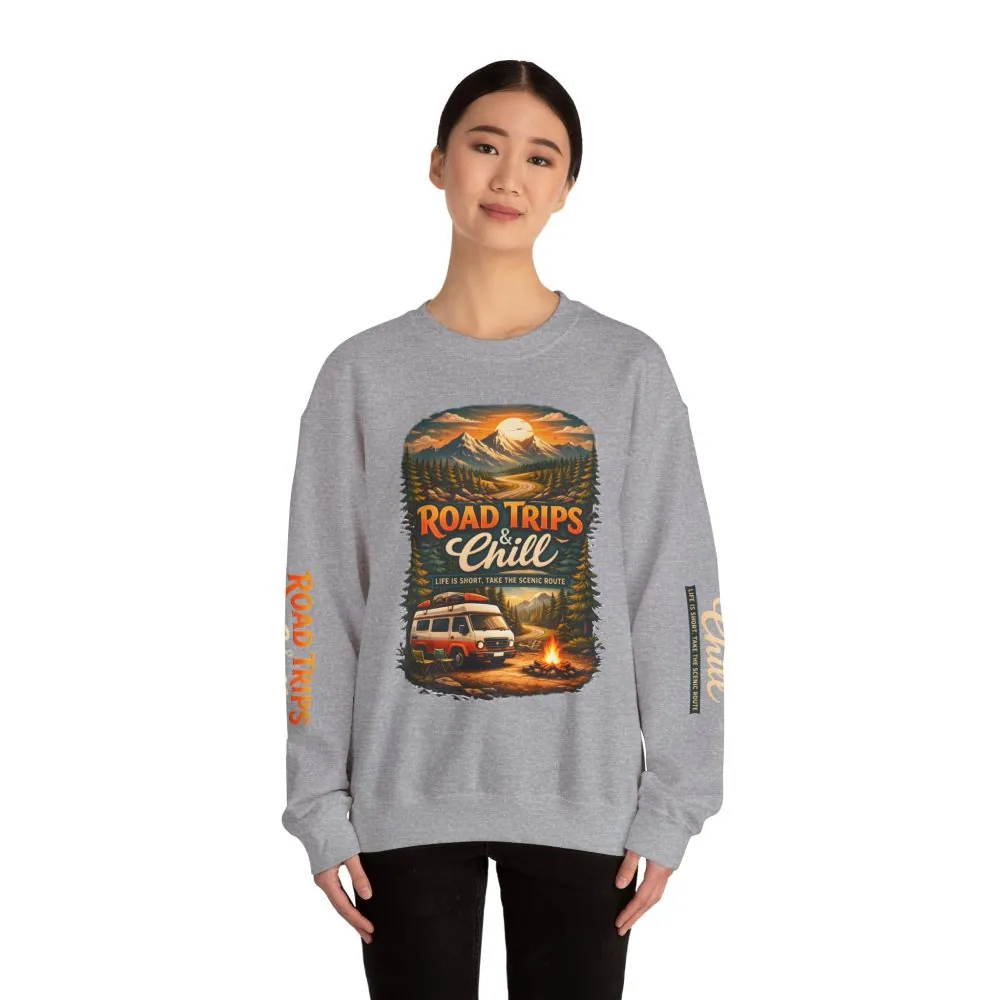 Unisex Heavy Blend™ Crewneck Sweatshirt — "Road Trips & Chill" Design Scenic-Line