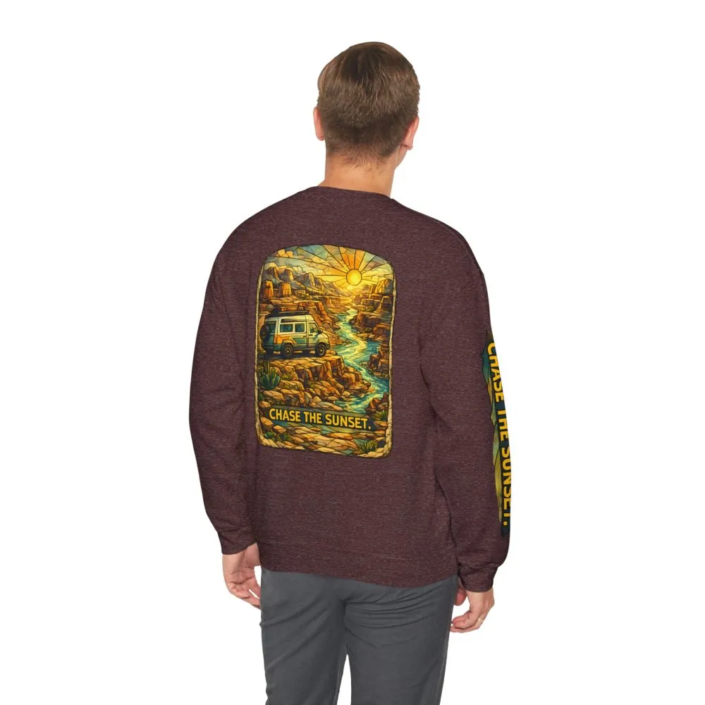 Unisex Heavy Blend™ Crewneck Sweatshirt — "Chase The Sunset" Design Cubic-Line