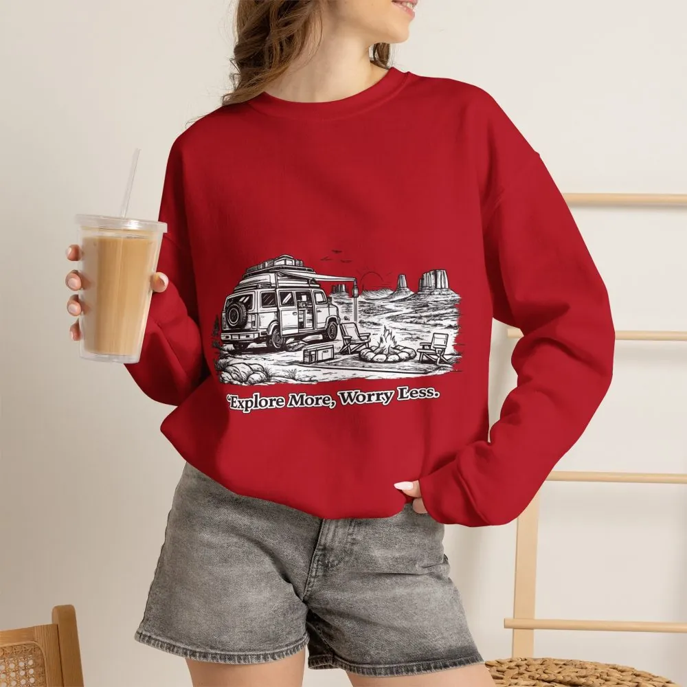 Unisex Heavy Blend™ Crewneck Sweatshirt — "Explore More Worry Less" Design Minimal-Line