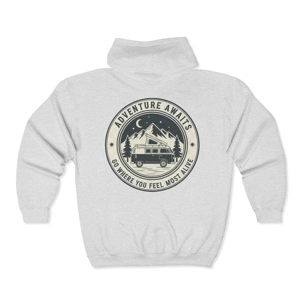 5097945231721959697_2048.jpeg Zip Hoodie — "Adventure Awaits-Go Where You Feel Most Alive" (Only Back Printed) Camper Van Adventure Zip-Up