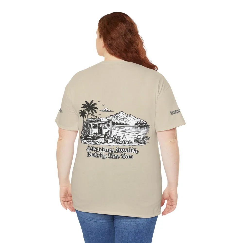 Unisex Heavy Cotton Tee — "Adventure Awaits,Pack Up The Van" Design Minimal-Line