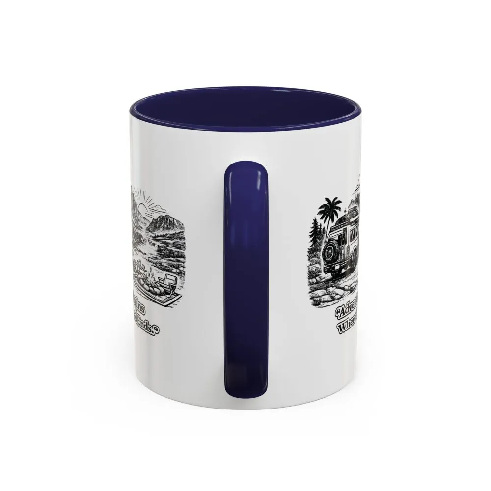 Accent Coffee Mug (11, 15oz) — "Adventure Begins Where The Road Ends" Design Minimal-Line