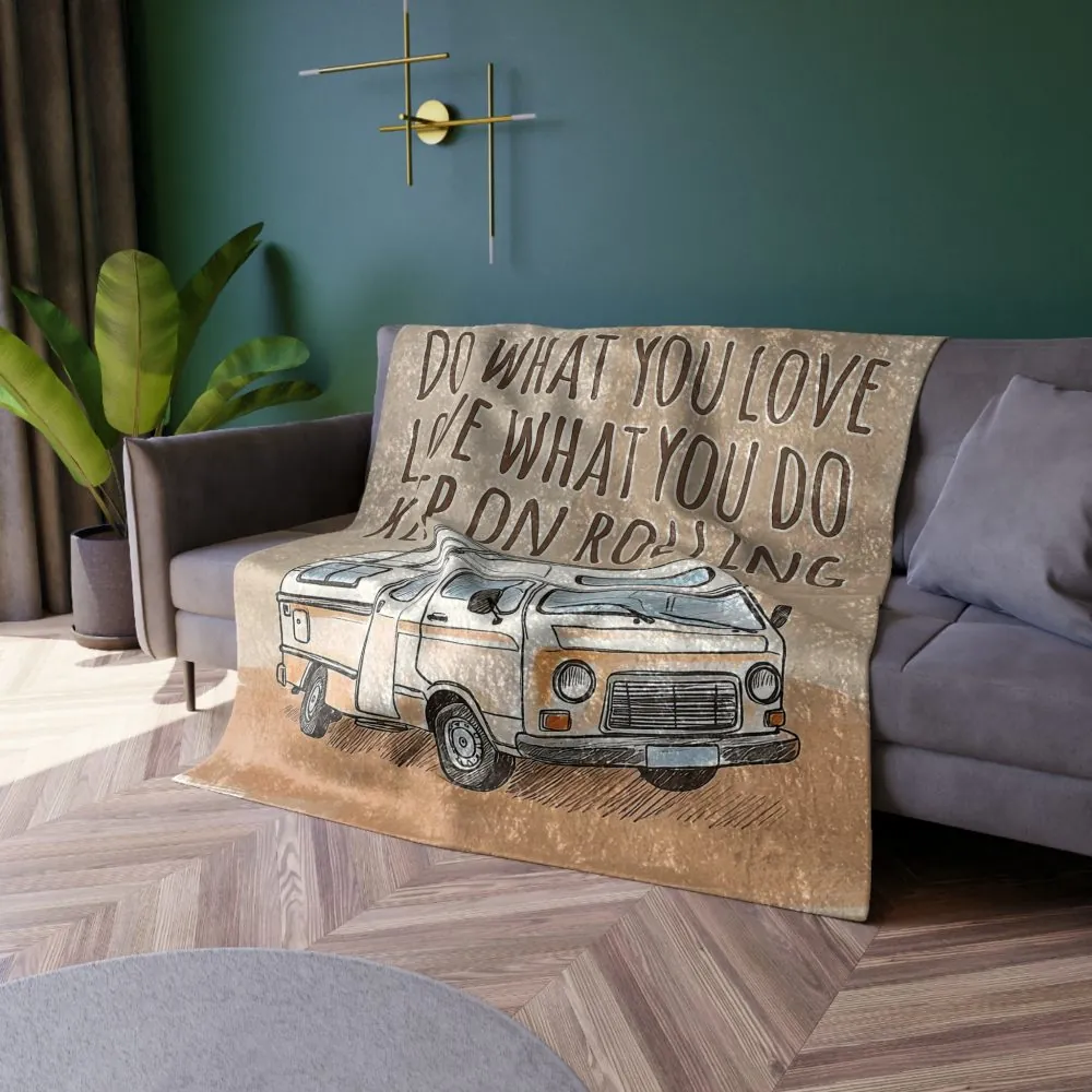 Crushed Velvet Blanket - Vintage Camper RV Throw with 'Do What You Love, Love What You Do, Keep On Rolling' Quote
