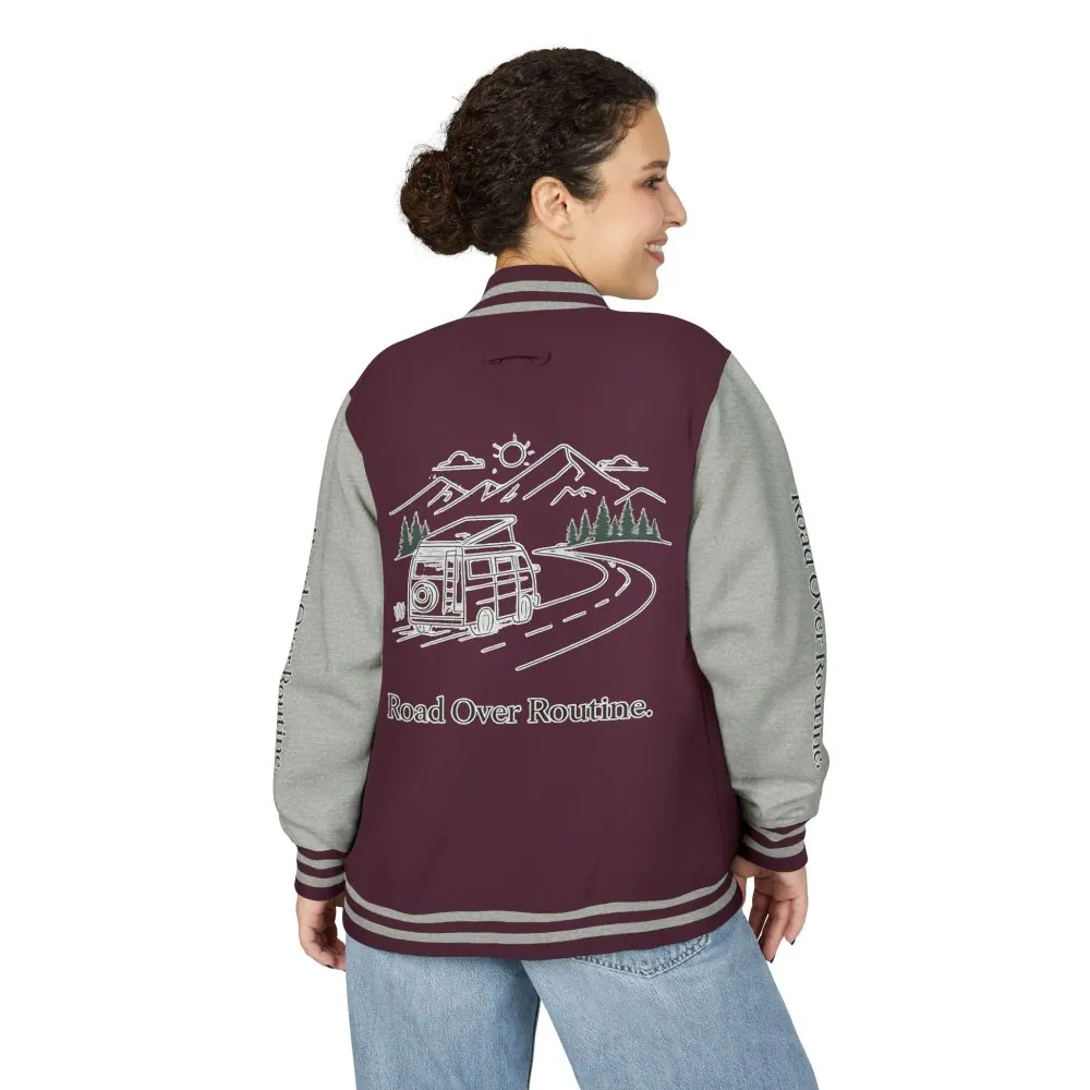 Unisex Heavyweight Letterman Jacket — "Road Over Routine" Travel Varsity Coat