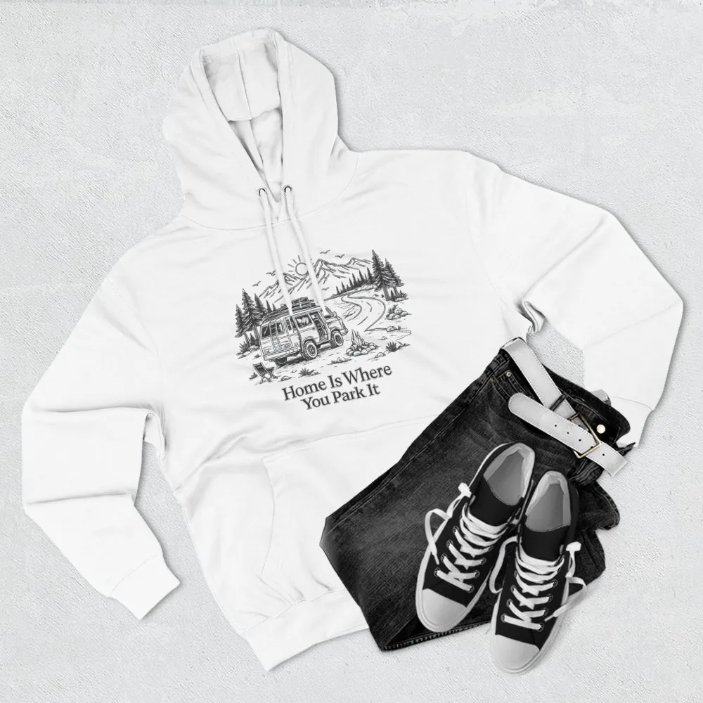 5117316781160723828_2048.jpeg Three-Panel Fleece Hoodie - "Home Is Where You Park It" Design Minimal-Line
