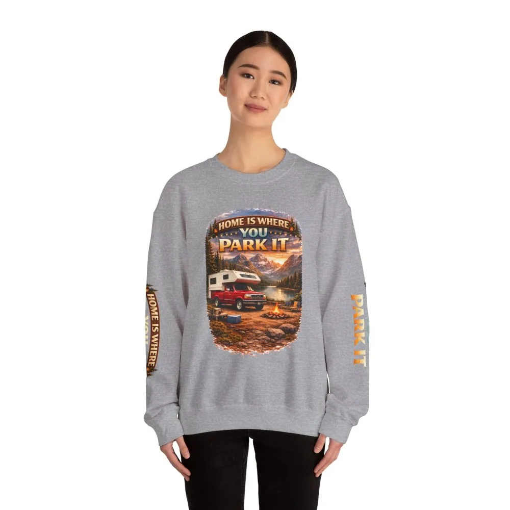 Unisex Heavy Blend™ Crewneck Sweatshirt — "Home Is Where You Park It" Design Scenic-Line