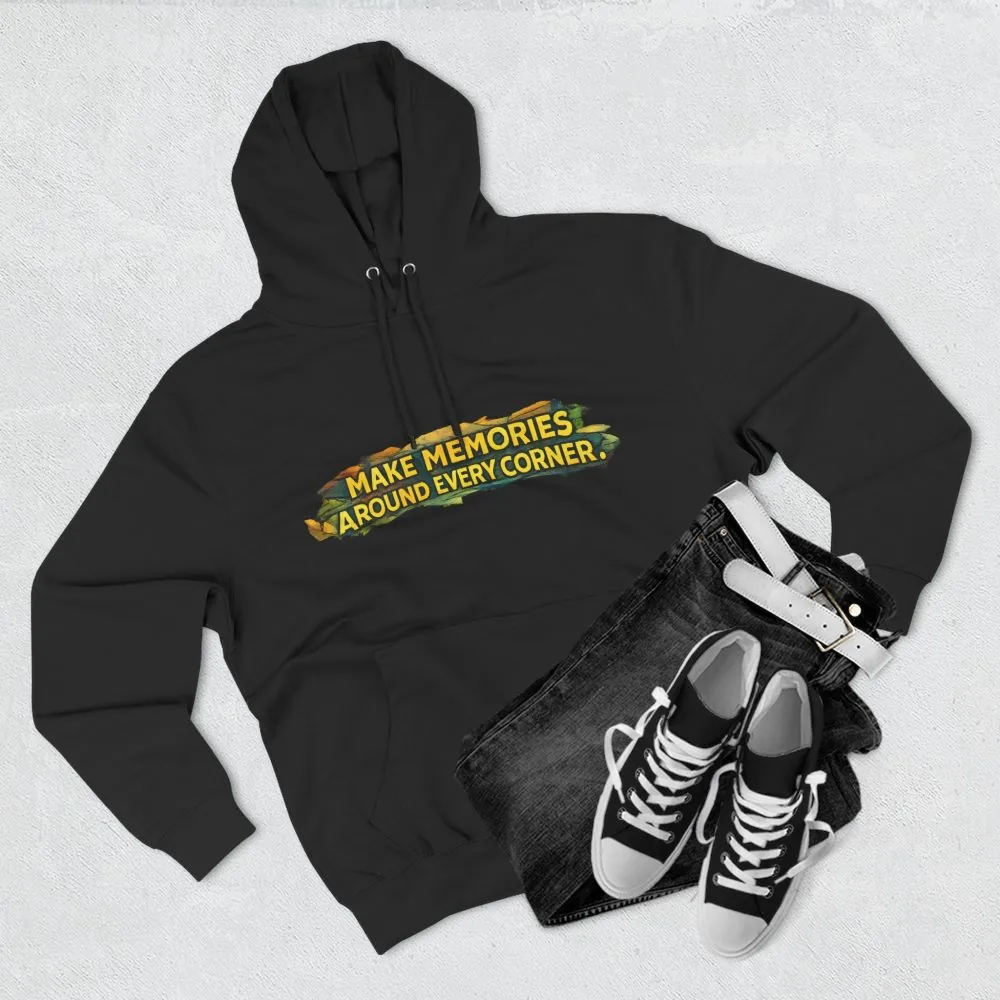 5128154266235859481_2048.jpeg Three-Panel Fleece Hoodie - "Make Memories Around Every Corner" Design Cubic-Line