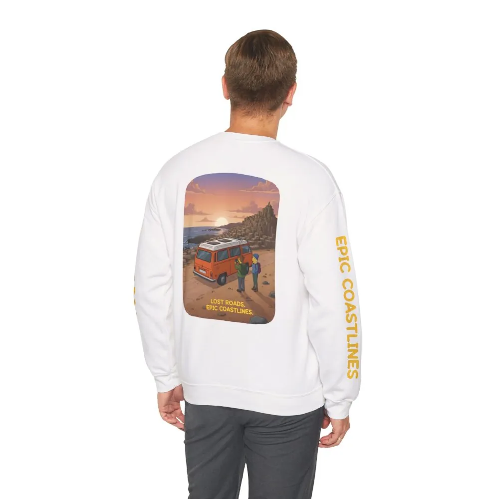 Unisex Heavy Blend™ Crewneck Sweatshirt — "Lost Roads Epic Coastlines" Design Sitcom-Line