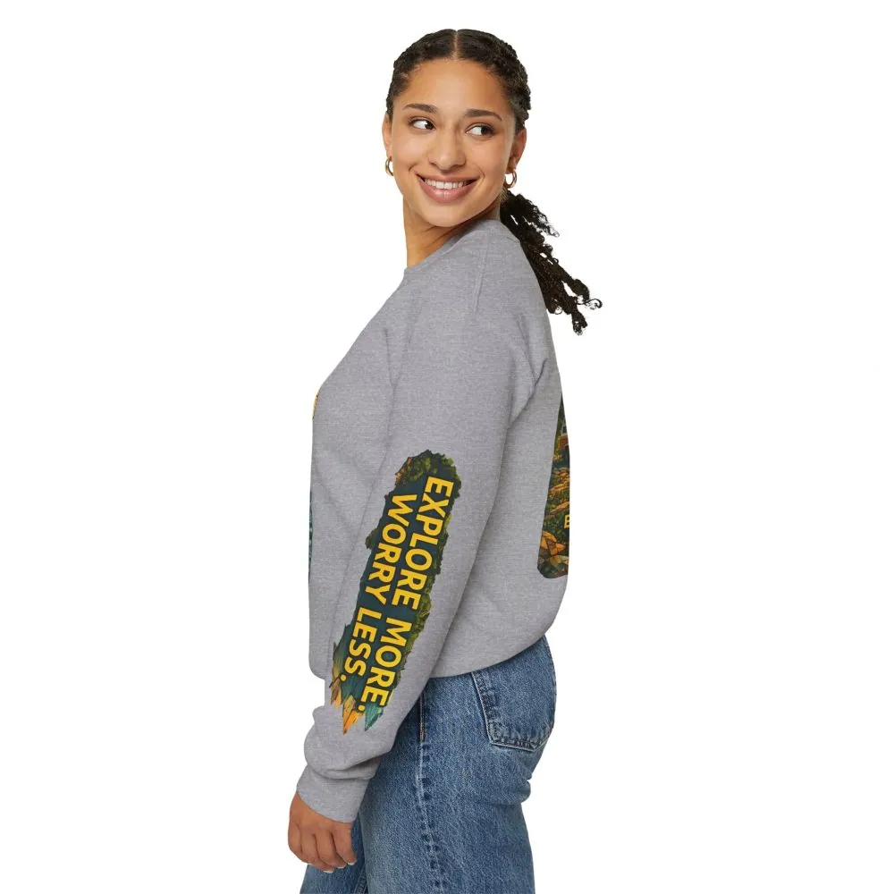 Unisex Heavy Blend™ Crewneck Sweatshirt — "Explore More Worry Less" Design Cubic-Line
