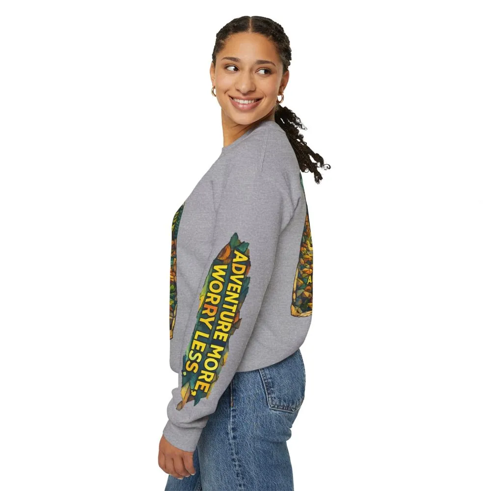 Unisex Heavy Blend™ Crewneck Sweatshirt — "Adventure More Worry Less" Design Cubic-Line