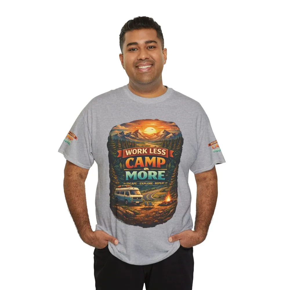 Unisex Heavy Cotton Tee — "Work Less-Camp More" Design Scenic-Line