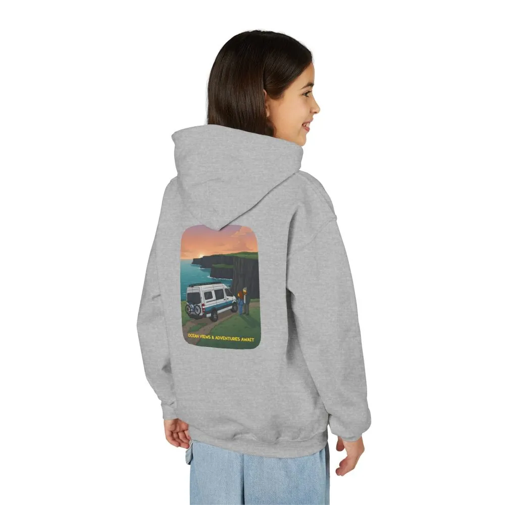 Youth Hoodie(Gildan) – "Ocean Views-Adventures Awaits" (Design Sitcom-Line)