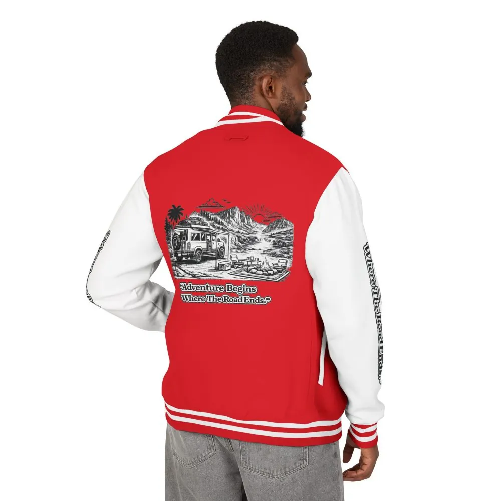 Unisex Heavyweight Letterman Jacket — "Adventure Begins Where The Road Ends" Travel Varsity Coat