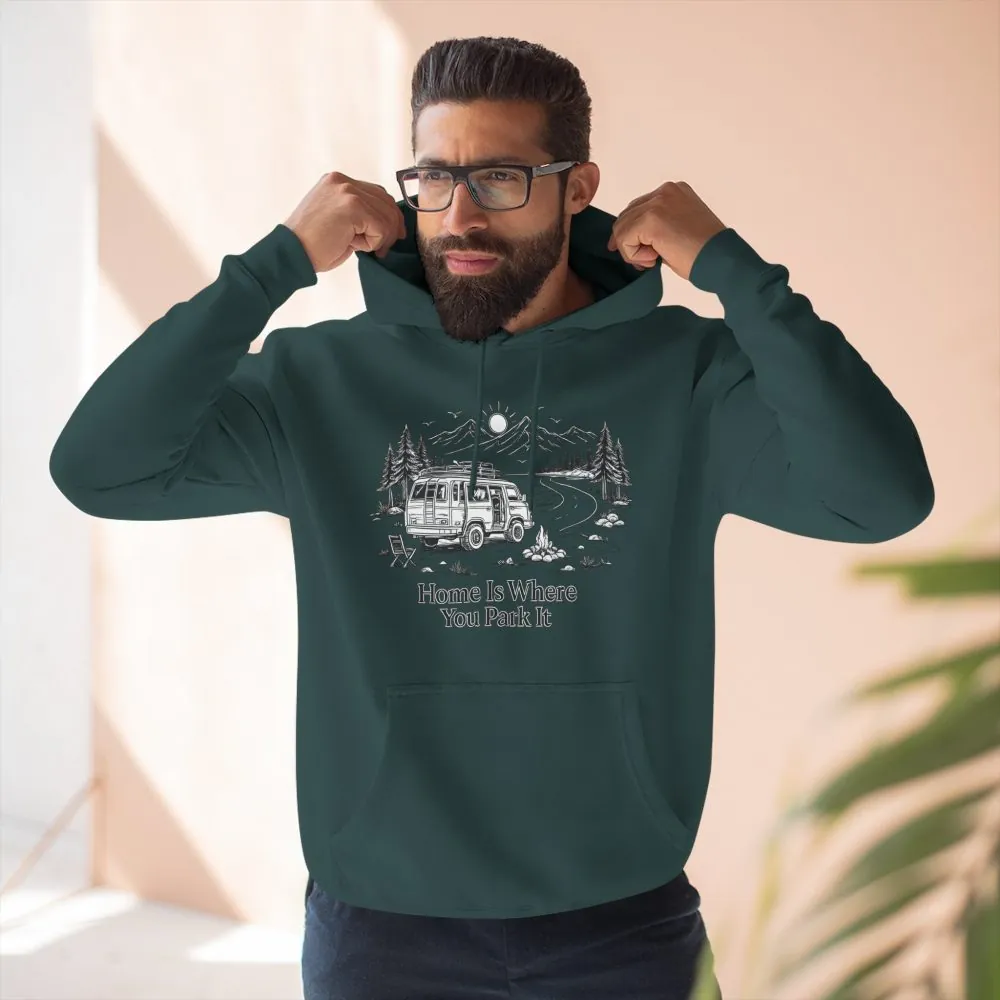 Three-Panel Fleece Hoodie - "Home Is Where You Park It" Design Minimal-Line