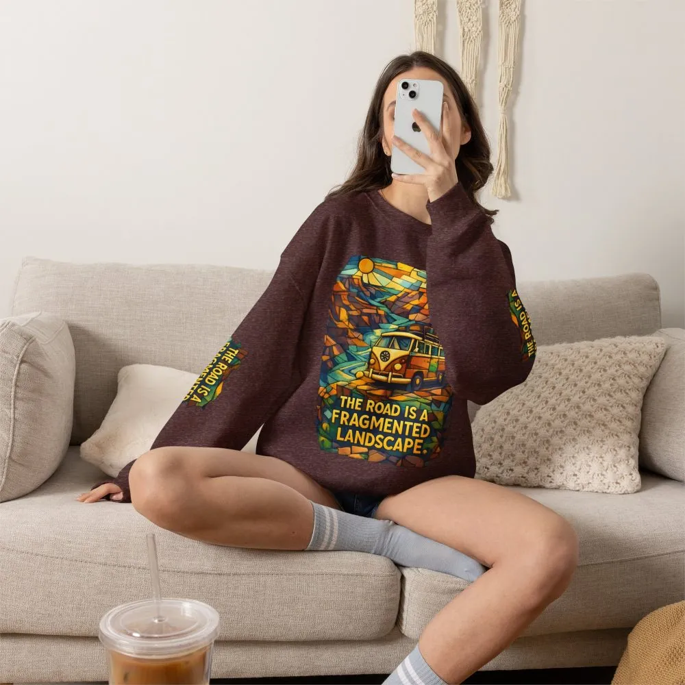 Unisex Heavy Blend™ Crewneck Sweatshirt — "The Road Is A Fragmented Landscape" Design Cubic-Line