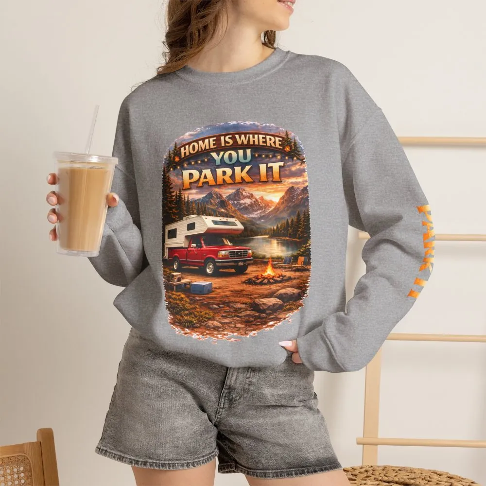 Unisex Heavy Blend™ Crewneck Sweatshirt — "Home Is Where You Park It" Design Scenic-Line