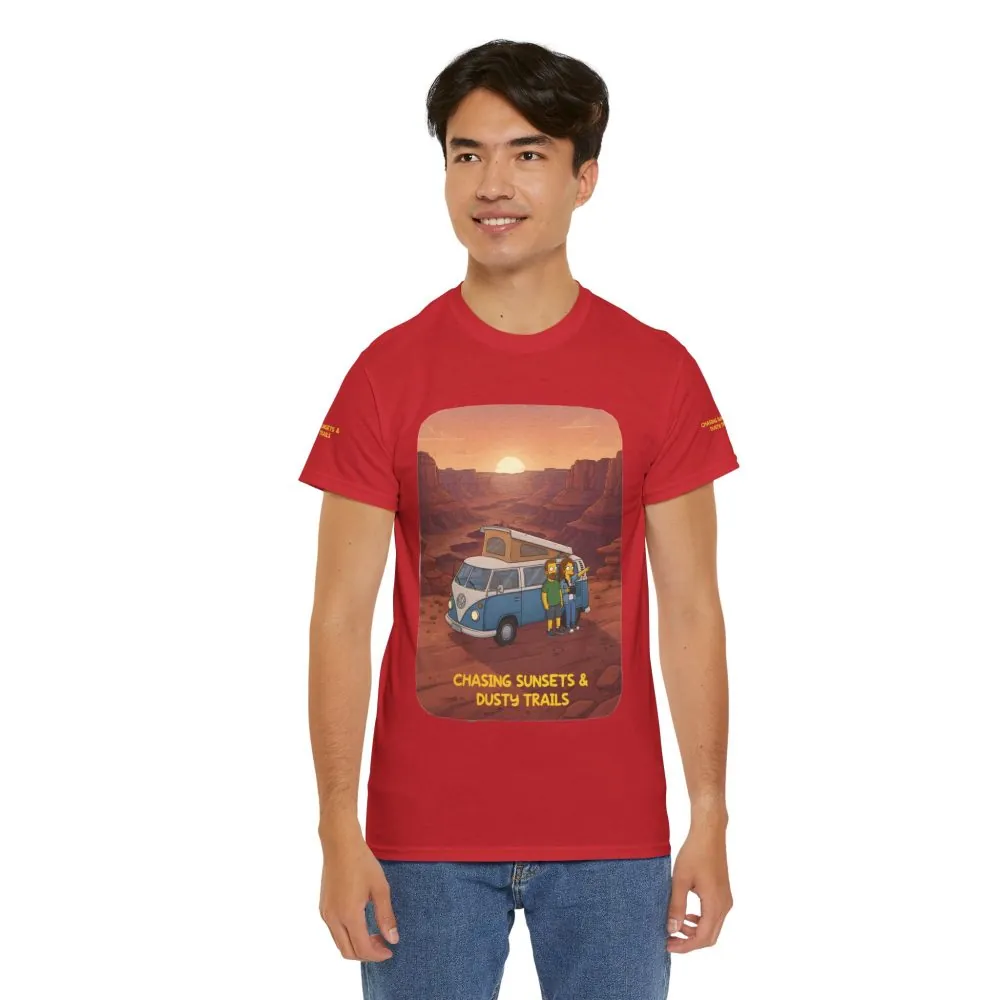 Unisex Heavy Cotton Tee — "Chasing Sunsets And Dusty Trails" Design Sitcom-Line