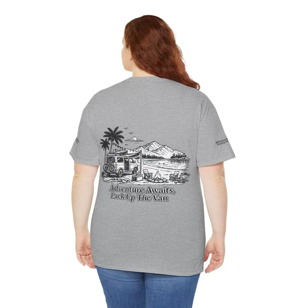 Unisex Heavy Cotton Tee — "Adventure Awaits,Pack Up The Van" Design Minimal-Line