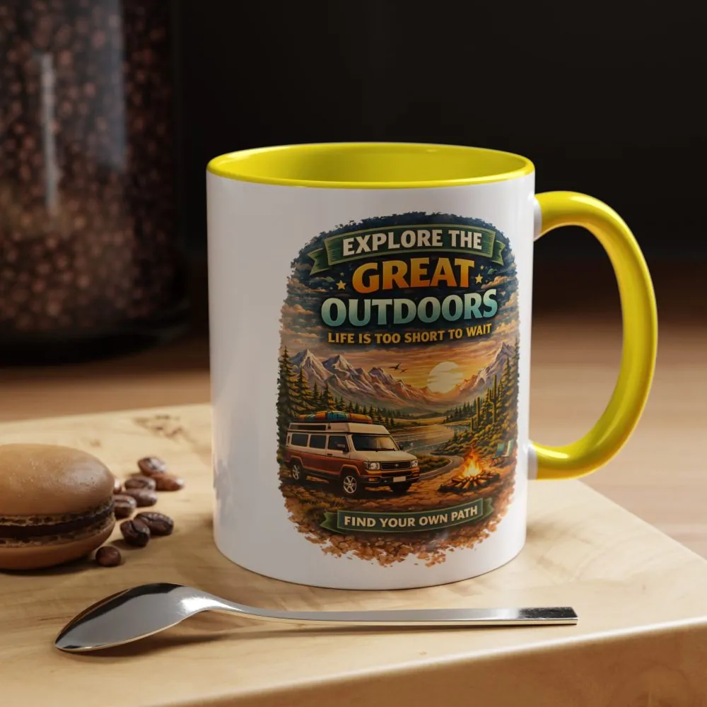 Accent Coffee Mug (11, 15oz) — "Explore The Great Outdoors" Design Scenic-Line