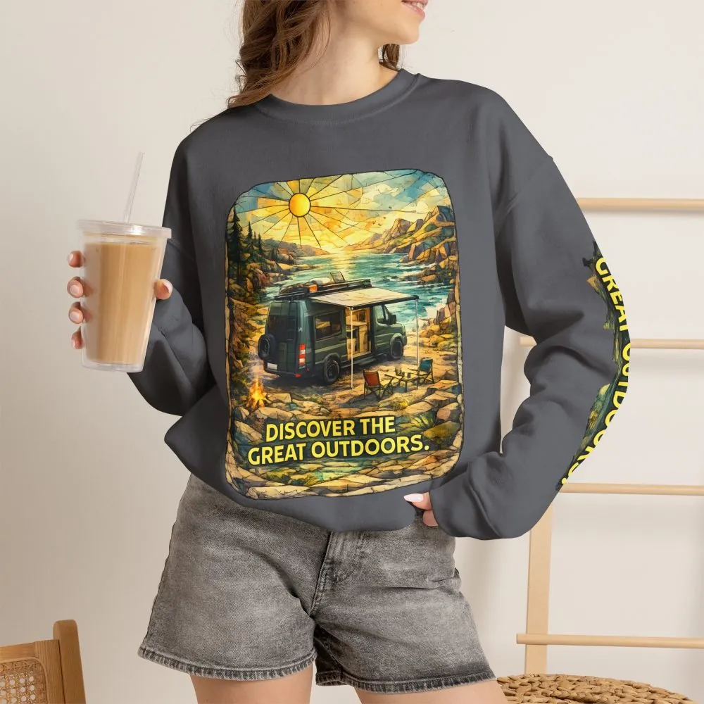 Unisex Heavy Blend™ Crewneck Sweatshirt — "Discover The Great Outdoors" Design Cubic-Line