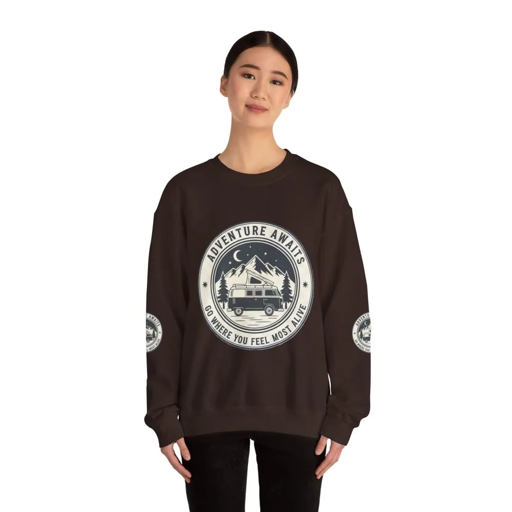 Crewneck Sweatshirt — "Adventure Awaits-Go Where You Feel Most Alive" (Font + Back + Sleaves printed) Vintage Camper Van Outdoor Graphic