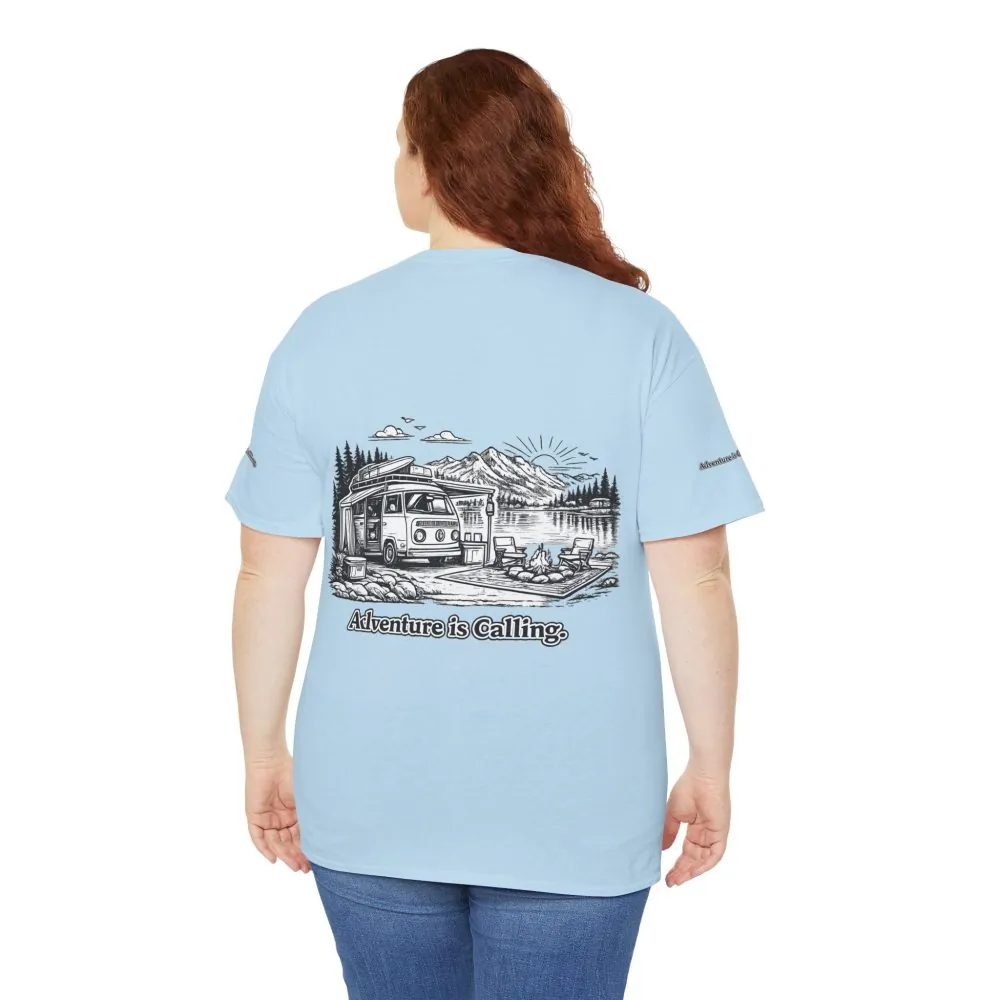 Unisex Heavy Cotton Tee — "Adventure Is Calling" Design Minimal-Line