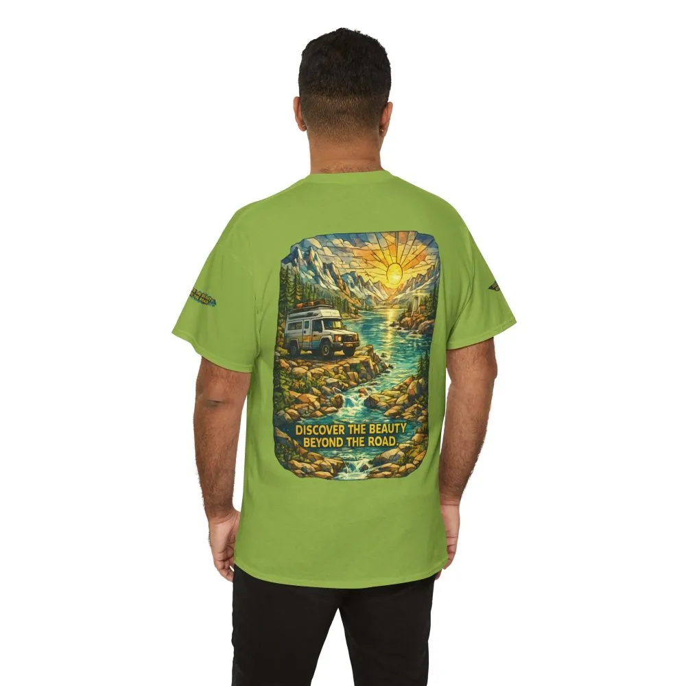 Unisex Heavy Cotton Tee — "Discover The Bieuty Beyond The Road" Design Cubic-Line