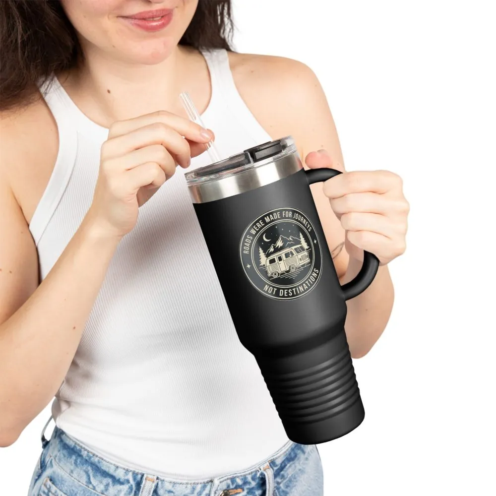 Insulated Travel Mug -'ROAD WHERE MADE FOR JOURNEYS-NOT DESTINATIONS' (40oz ) – Retro Camper Design, Keep Drinks Hot or Cold