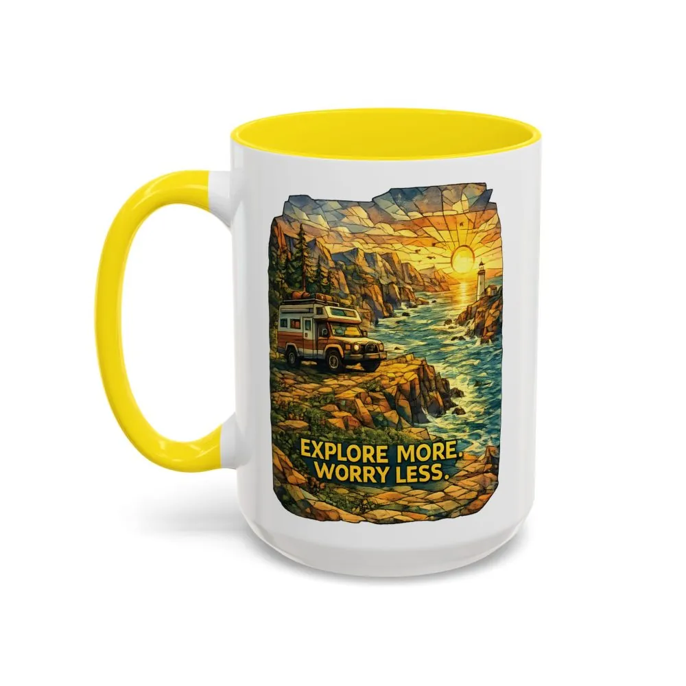 Accent Coffee Mug (11, 15oz) — "Explore More Worry Less" Design Cubic-Line