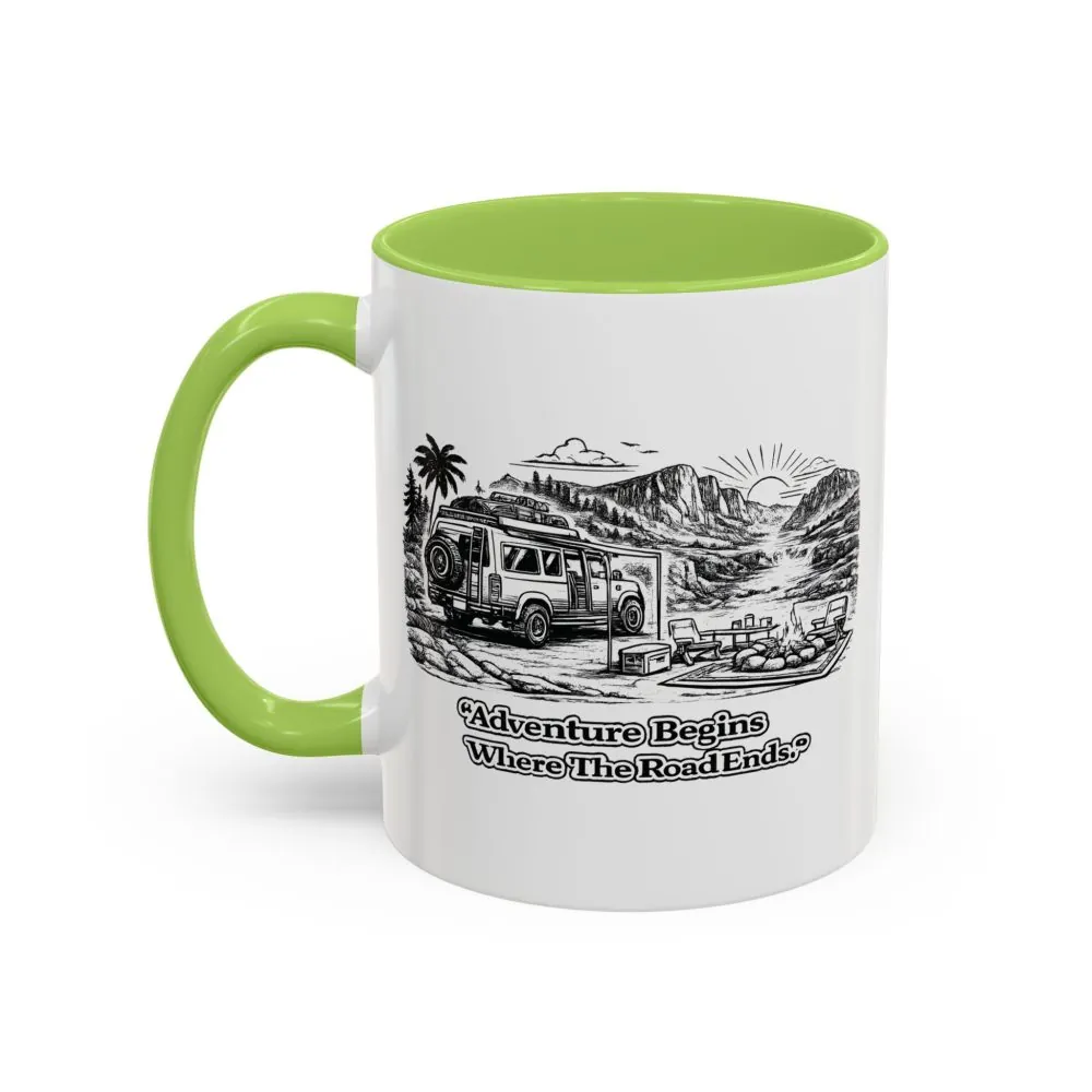 Accent Coffee Mug (11, 15oz) — "Adventure Begins Where The Road Ends" Design Minimal-Line