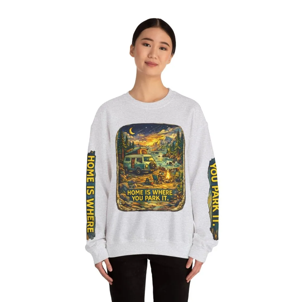 Unisex Heavy Blend™ Crewneck Sweatshirt — "Home Is Where You Park It" Design Cubic-Line